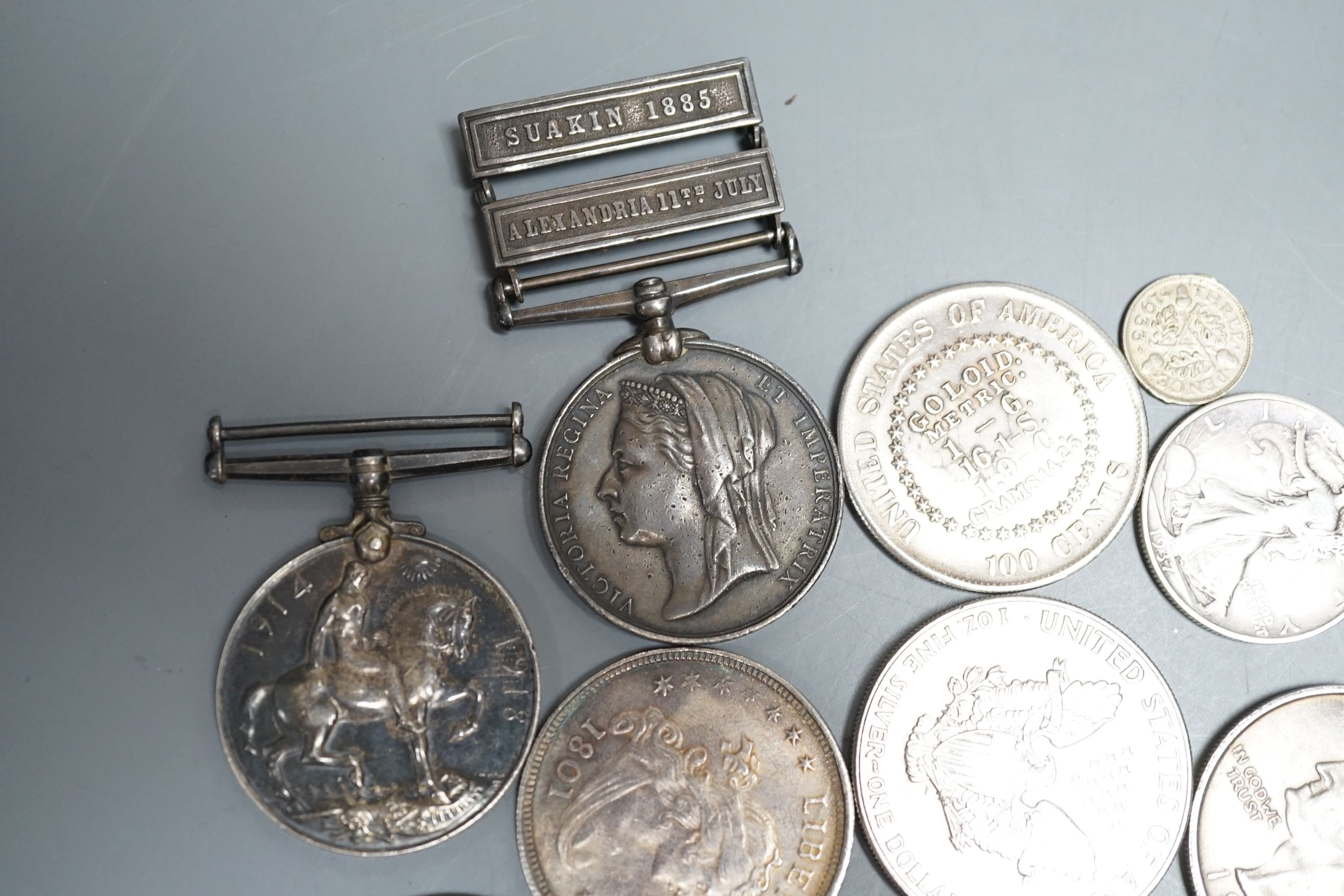 WWI medals including Egypt medal with Suakin 1885 and Alexandria 11th July clasps, to R.F. Hewitt 2nd Capt. HMS Sultan and assorted coinage.